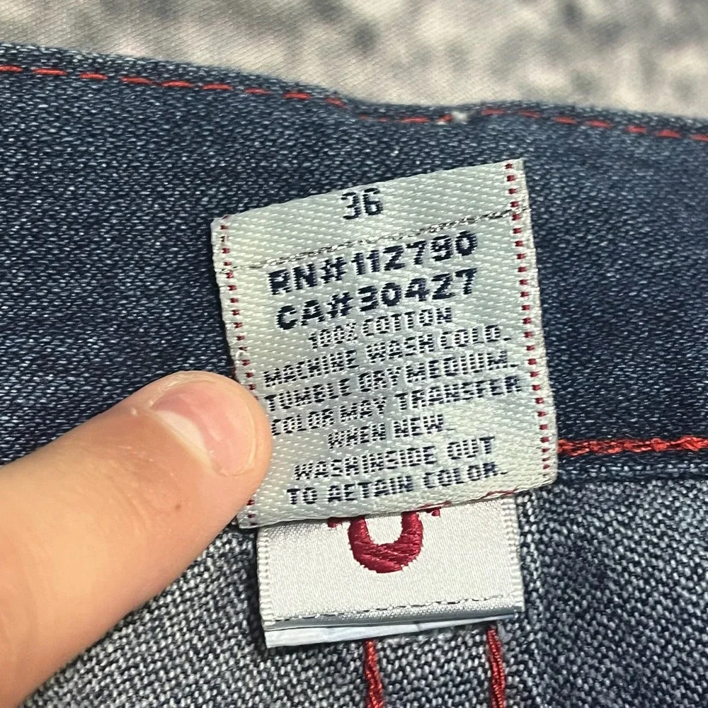 True Religion Straight Jeans Mens 38x34 Blue Red Stitched Logo‎ Flap Pockets Y2K
